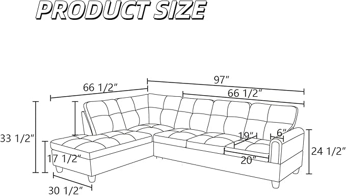 L Shaped Couch Sectional Couches with Chaise, 3 Pieces Modular Convertible Sofa for Living Room Furniture Sets and Small Apartment Faux Leather, Ginger