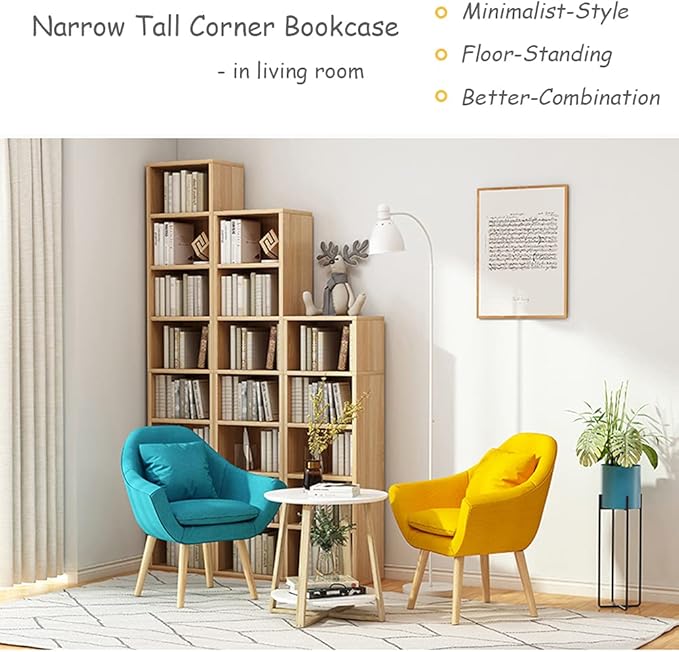 IOTXY Small Narrow Corner Bookcase - 47 Inches Tall Gap Freestanding Storage Cabinet, 5 Lattices Open Shelves Tower Rack, Cubes Bookshelf in Oak