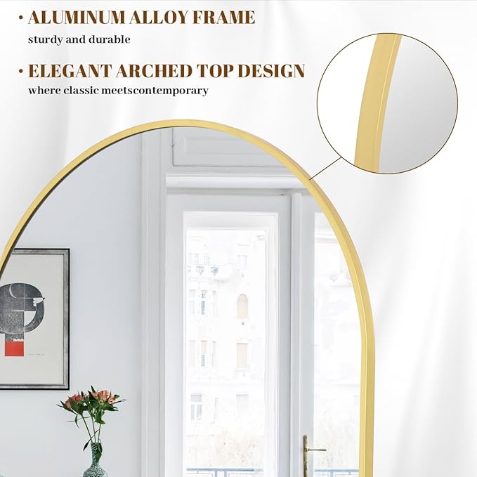 Koonmi 30"x71" Arched Full Length Mirror, Gold Large Floor Mirror with Aluminum Alloy Frame, Standing Hanging or Leaning Wall-Mounted Full Body Mirror for Living Room and Bedroom