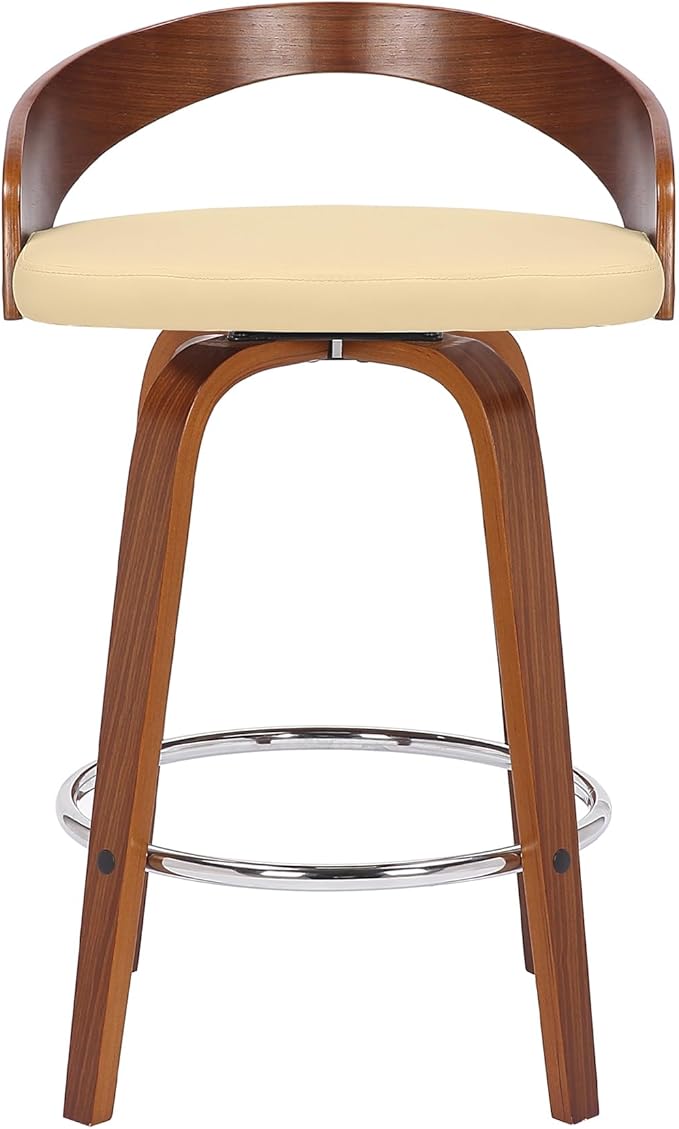 Armen Living Sonia 26" Counter Height Swivel Cream Faux Leather and Walnut Wood Bar Stool - Set of 2