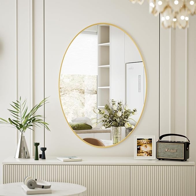 Koonmi Gold Oval Bathroom Mirror, 24"x31" Bathroom Vanity Mirror, Oval Mirror for Bedroom Living Room Entryway, Hangs Horizontal or Vertical