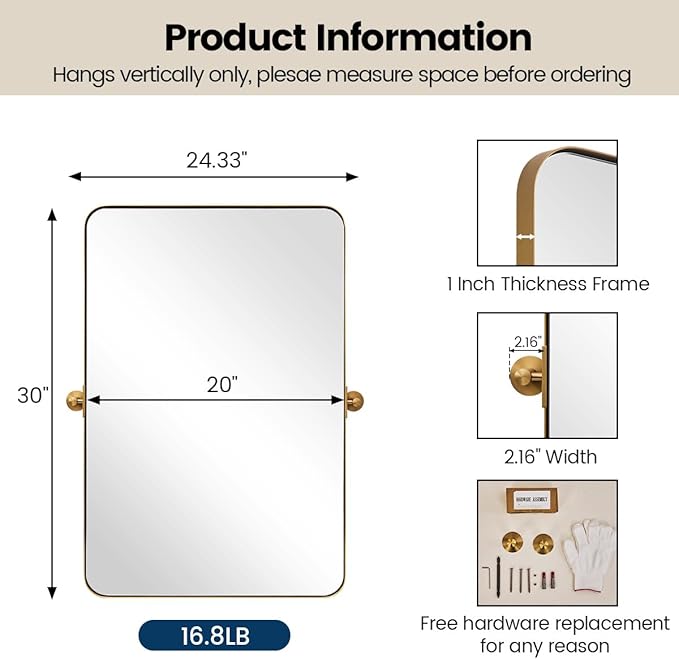 MOON MIRROR Brushed Gold Rectangle Pivot Mirror for Bathroom, Brass Pivoting Vanity，Overall 24.33 x 30 in (Mirror 20x 30 in)
