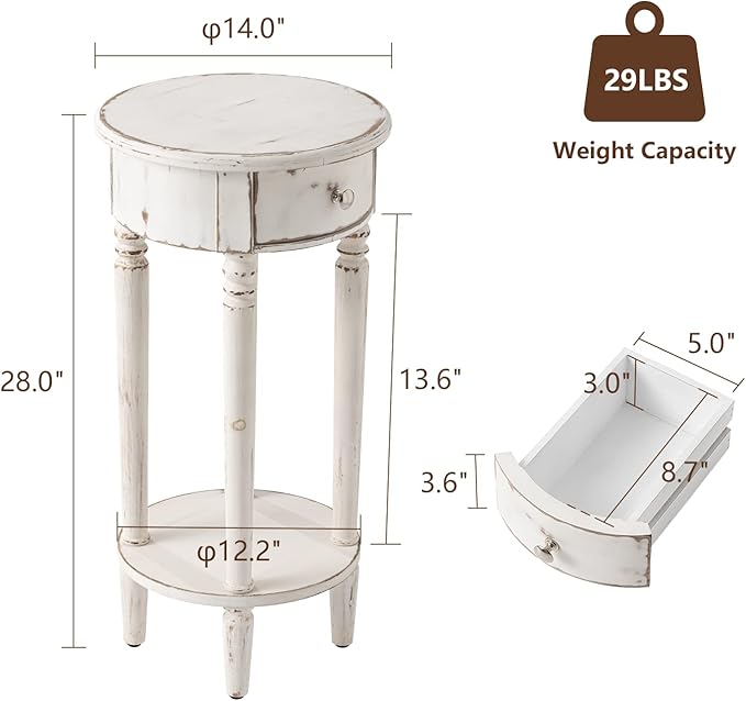COSIEST Tall End Table with Drawer Sets of 2, Round Nightstand Bedside Table with Storage Shelf, Industrial Telephone End Table for Living Room, Bedroom, Hall Way, Space Saving