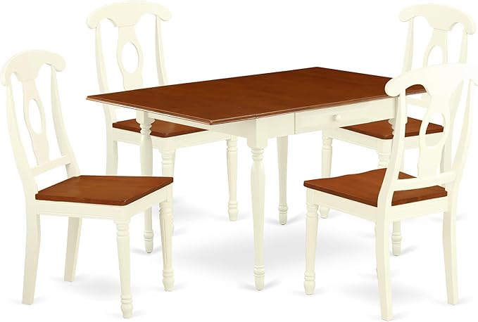 East West Furniture MZKE5-WHI-W 5 Piece Dining Set Includes a Rectangle Dining Room Table with Dropleaf and 4 Wood Seat Chairs, 36x54 Inch, Buttermilk & Cherry
