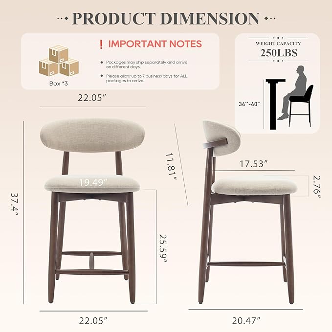 Upholstered Counter Height Bar Stools Set of 6, Kitchen Island Stools with Back, Modern Counter Stools Island Bar Chairs with Wood Legs for Kitchen Island Dining Room Bar, Beige