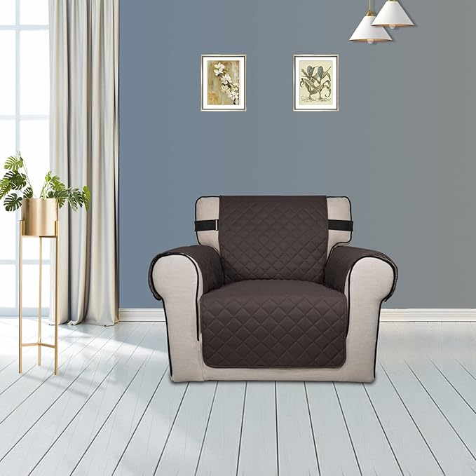 PureFit Reversible Sofa Cover Water Resistant Chair Couch Cover, Machine Washable Furniture Cover with Non-Slip Foam and Adjustable Strap for Dogs, Pets (Chair, Chocolate/Beige)