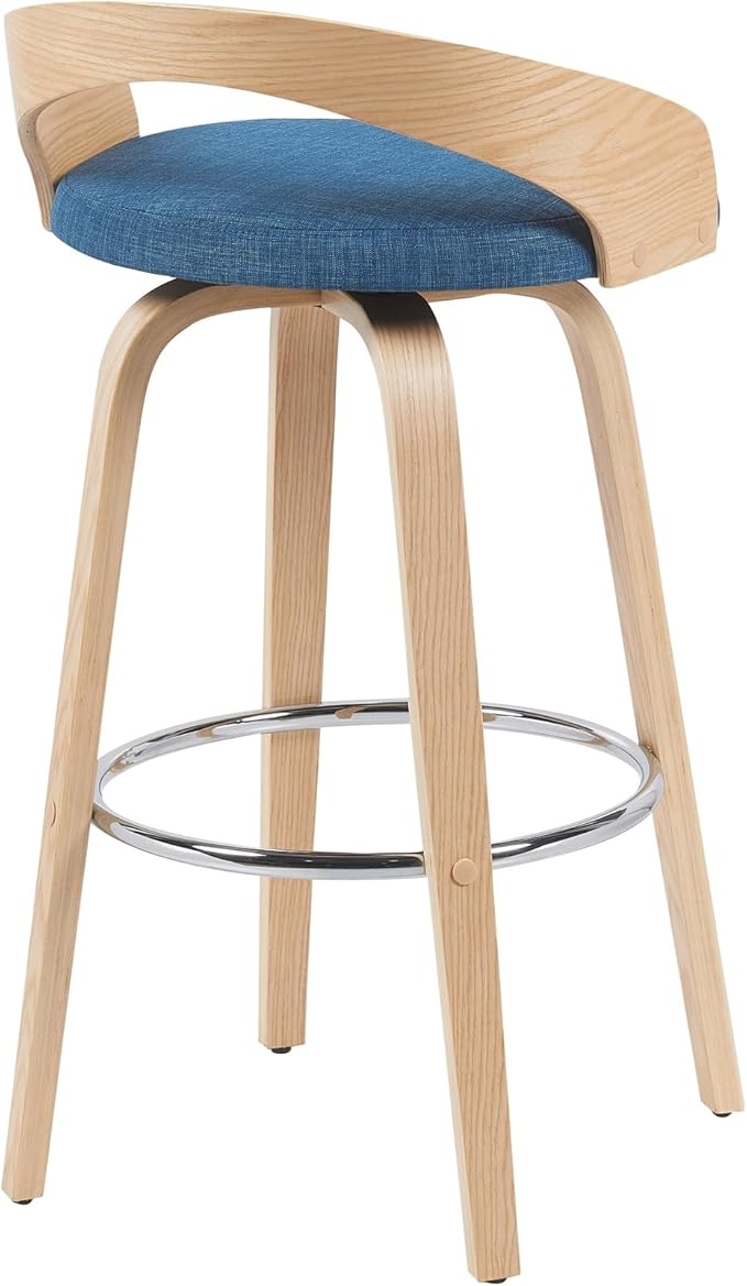 Armen Living Sonia Modern Swivel Bar Height Stool with Blue Upholstered Seat and Patterned Oak Wood Finish