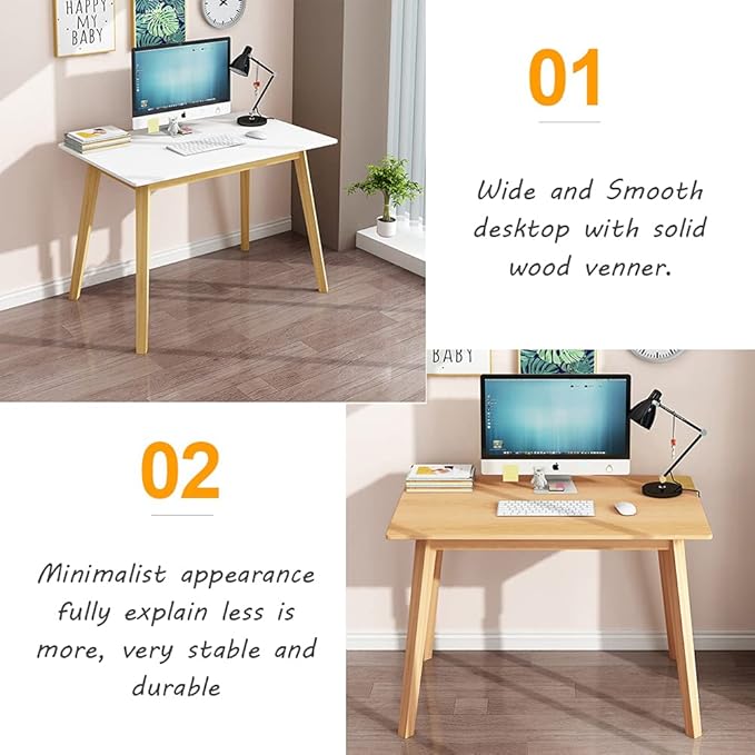 IOTXY Simple Wooden Writing Desk - Modern Minimalist Style PC Laptop Computer Workbench with Solid Wood Legs, 39" W Home Office Work Table for TV Stand Music Video Live Broadcast Workstation, Oak
