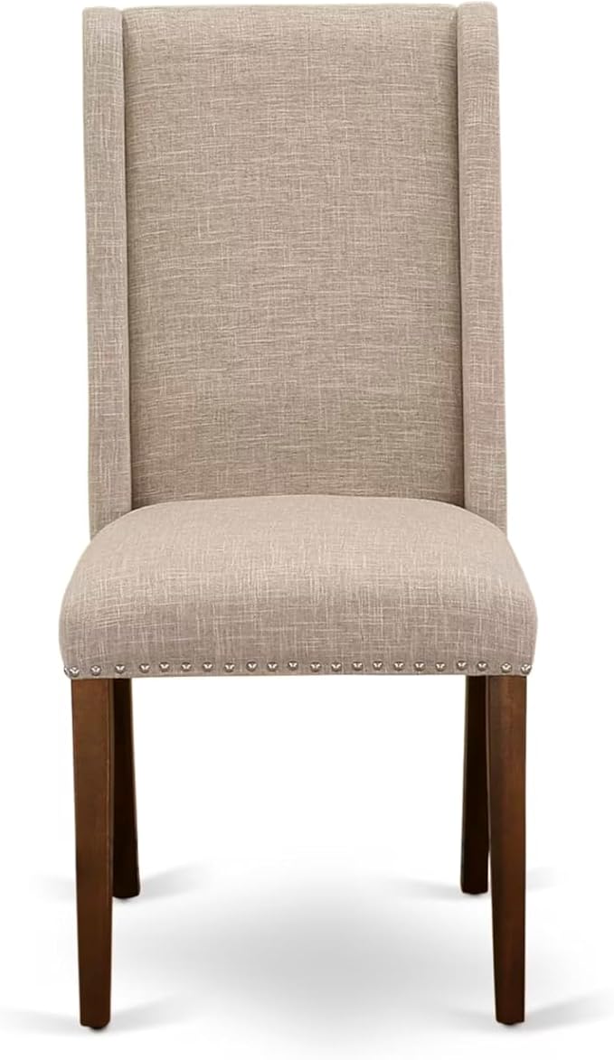 NEFL7-AWA-04-7-Piece Dining Table Set Includes a Rectangular Table and 6 Light Tan Linen Fabric Kitchen Chairs with Padded Chair Back - Antique Walnut Finish.
