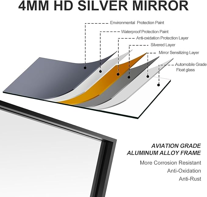 36x48 Inch Black Bathroom Mirror, Copper-Free, Aluminum Alloy Frame Vanity Rectangle Wall Mounted Modern Mirror for Bedroom/Living Room/Porch Horizontal or Vertical
