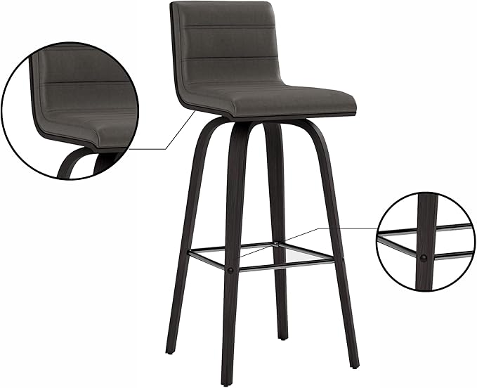 Armen Living Vienna 30" Swivel Bar Stool in Black Wood Finish with Gray Faux Leather - Set of 4