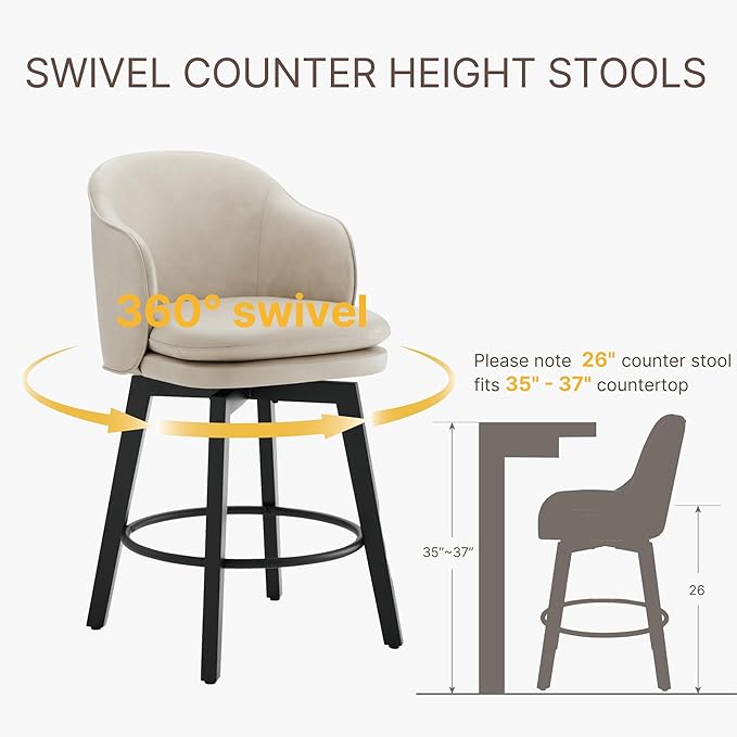 Counter Height Barstools 26 inch Upholstered Swivel Bar Stools with Back and Wood Legs for Kitchen Island,Set of 3,Beige PU Leather