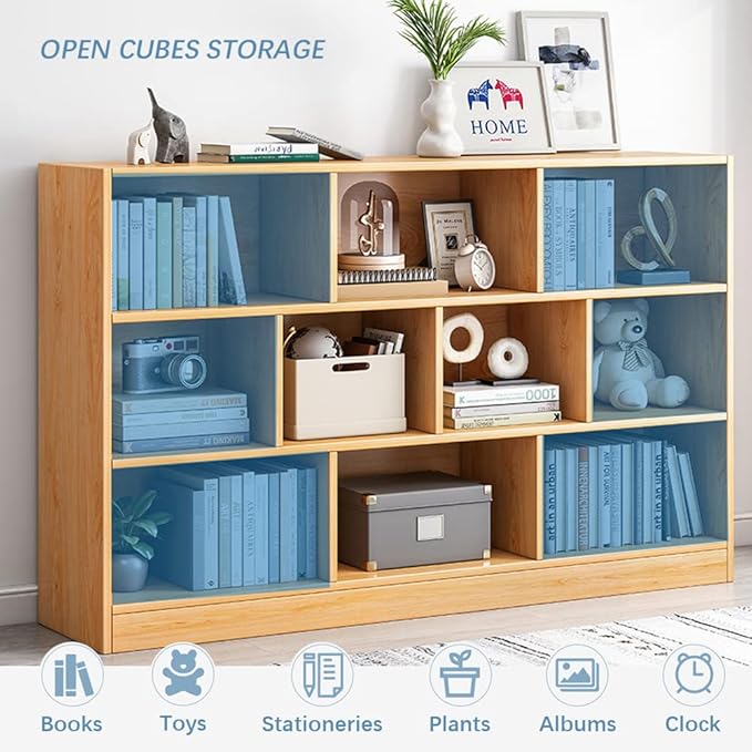 IOTXY Open Shelf Low Bookcase - Wooden 3-Tier Floor Standing Display Cabinet Organizer with Base, 8 Cubes Short Horizontal Bookshelf in Pear Yellow