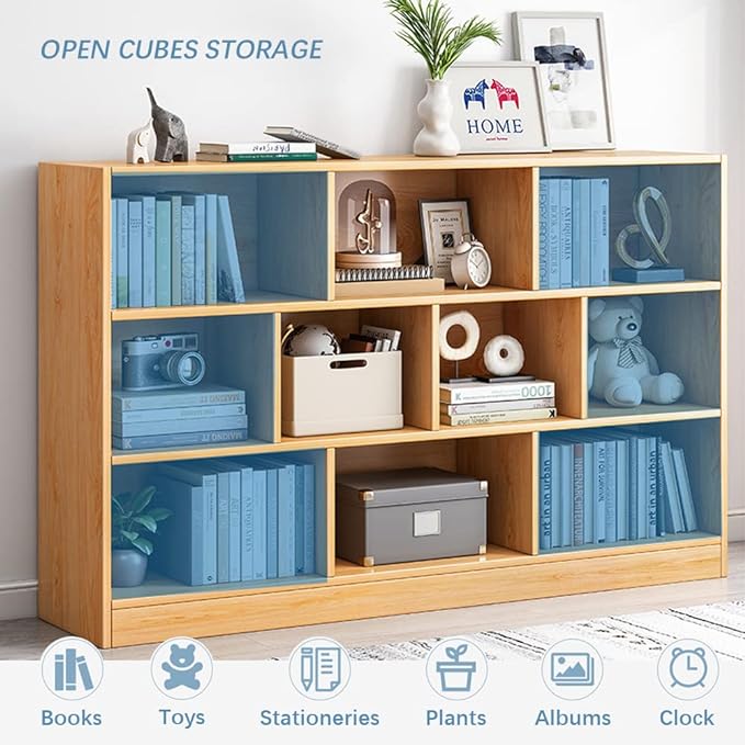 IOTXY Open Shelf Low Bookcase - Wooden 3-Tier Floor Standing Display Cabinet Organizer with Base, 7 Cubes Short Horizontal Bookshelf in Pear Yellow