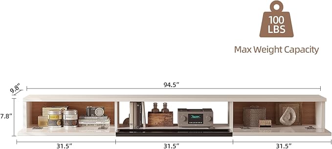 High Gloss Floating TV Stand,94'' Wall Mounted TV Console,Under TV Floating Shelf,Floating TV Cabinet with 3 Doors for Bedroom Living Room,White