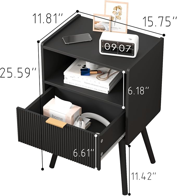 Black Nightstand,Modern Bedside Table with Storage Drawer and Open Wood Shelf, for Living Room, Bedroom and Small Spaces, Accent Night Stand with Solid Wood Legs, Easy Assembly,Classic Black
