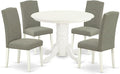 East West Furniture SHEN5-LWH-06 5 Piece Kitchen Table Set Includes a Round Dining Room Table with Pedestal and 4 Dark Shitake Linen Fabric Upholstered Chairs, 42x42 Inch, Linen White