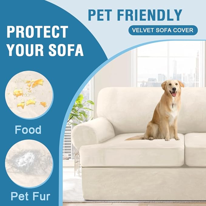 H.VERSAILTEX Sofa Cover 3 Piece Loveseat Slipcovers Thick Velvet Couch Cover Furniture Protector Stretch Sofa Covers for 2 Cushion Couch with 2 Individual T Cushion Covers Washable, Ivory