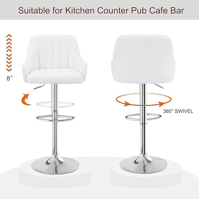 VECELO Bar Stools Set of 4, Adjustable Barstools, Counter Height Stools with Back and Arm, Kitchen Island Stools, Swivel PU Chairs for Pub, Dining Room, Modern Style, White