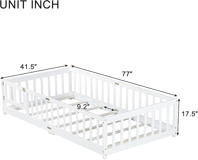 Twin Floor Bed with Slats and Center Support Bar, Wood Montessori Floor Bed with Fence and Door, Kids Montessori Bed Twin Size, Twin Size Montessori Floor Bed for Kids, Girls, Boys(Twin White)