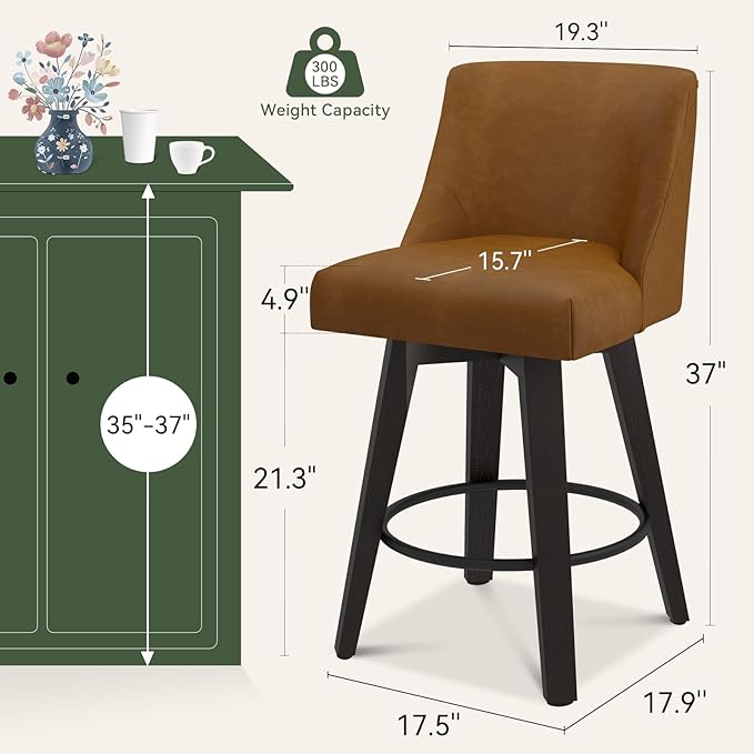 Vipbear Swivel Counter Height Bar Stools Set of 6,26.8" H Counter Stools with Back, Mid Century Modern Bar Stools for Kitchen Island,Faux Leather,Wooden Base, Brown