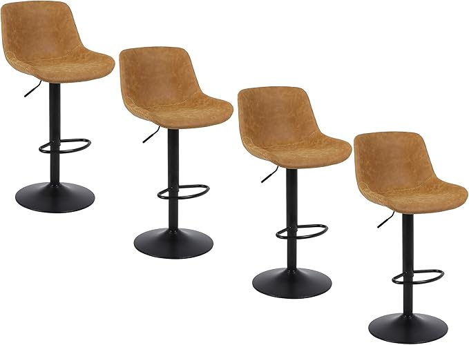 Bar Stools, Swivel Counter Height Barstools with Back, Adjustable Modern Bar Chairs, Tall Armless PU Leather Kitchen Island Stool (Yellow, Set of 4)
