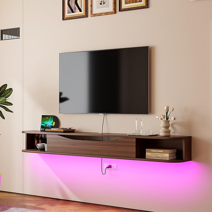 Floating TV Stand,55'' Wall Mounted TV Cabinet,Floating TV Console,Under TV Shelf with 1 Door and 2 Cabinets for TVs up to 65''(Walnut)