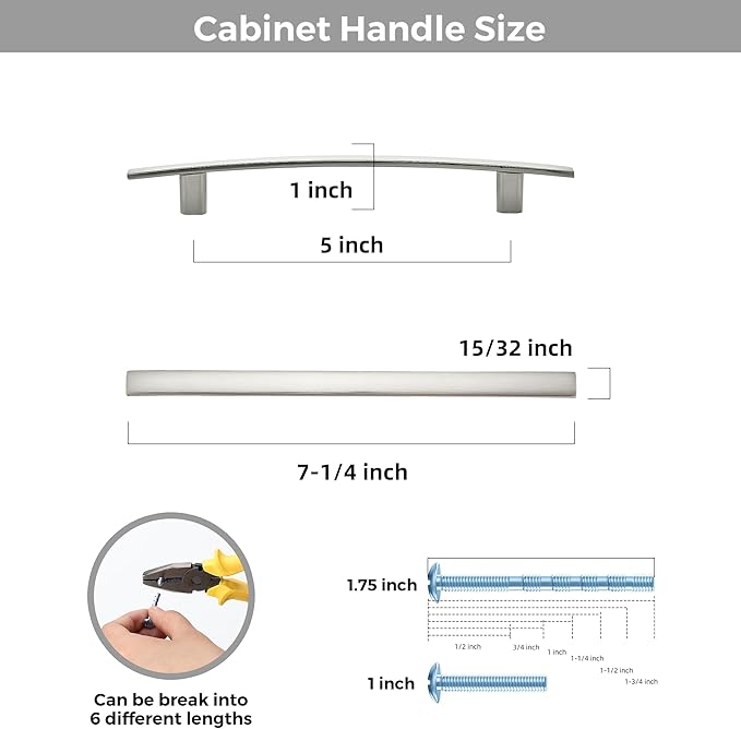 5 Pack Cabinet Handles 5" Hole Center - Curved Cabinet Pulls Brushed Nickel Drawer Pulls for Kitchen Cupboard Solid Hardware for Dresser Drawer Arch Hardware