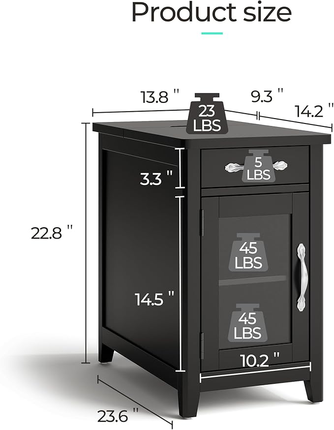 LINSY HOME End Table Set of 2 with Charging Station, Modern Farmhouse Side Table with Drawer, Wooden Narrow Bedside Table for Living Room, Slim Nightstand with Storage Cabinet, Black, Glass Door