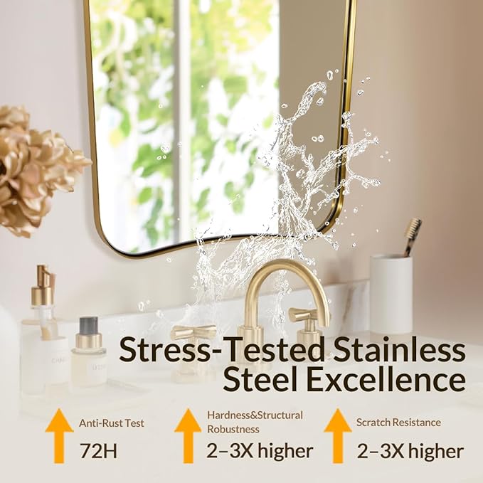 Brushed Gold Bathroom Mirror, 24x40 Inch Gold Irregular Bathroom Vanity Mirror, Gold Asymmetric Mirror with Stainless Steel Frame, Metal Framed Wall Mounted Accent Mirror Vertical Only