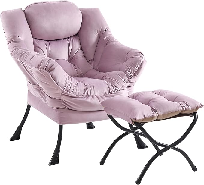 Lazy Chair and Ottoman, Large Accent Lounge Chair with Armrests and a Side Pocket, Modern Leisure Upholstered Sofa Reading Armchair with Footrest for Bedroom, Living Room, Dorm Rooms, Office