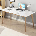 IOTXY Simple Wooden Writing Desk - Modern Minimalist Style PC Laptop Computer Workbench with Solid Wood Legs, 55" W Home Office Work Table for TV Stand Music Video Live Broadcast Workstation, White