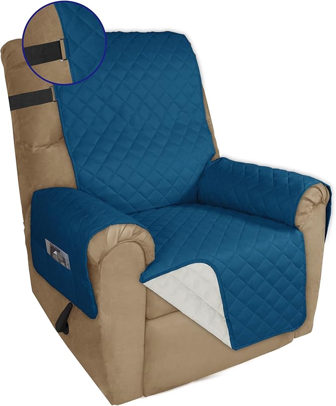 PureFit Reversible Sofa Cover Water Resistant Recliner Couch Cover, Machine Washable Furniture Cover with Adjustable Strap for Dogs, Pets (Recliner, Peacock Blue/Ivory)