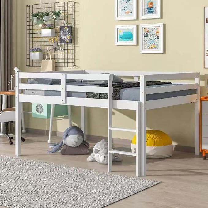 HomSof Full Loft Bed with Guard Rail & Ladder,No Box Spring Needed,Easy Assembly,White