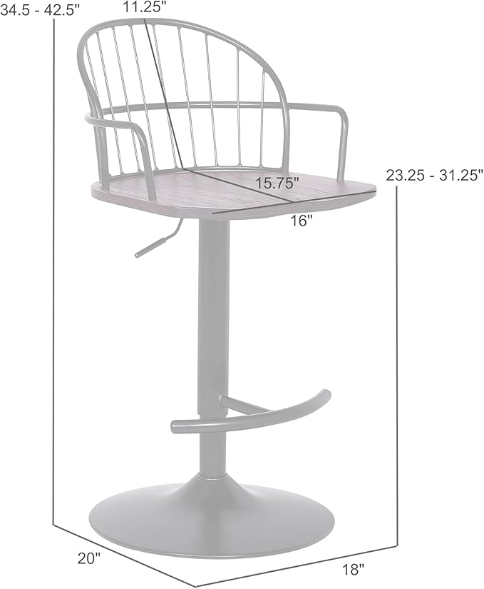 Armen Living Edward Adjustable Walnut Glazed Barstool in Black Powder Coated Finish