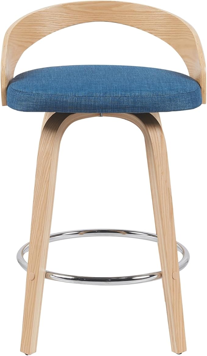 Sonia Modern Swivel Counter Height Bar Stool with Blue Upholstered Seat and Patterned Oak Wood Finish Set of 4