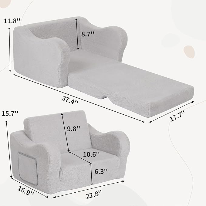 Comfy Toddler Chair, 2-in-1 Toddler Couch Fold Out, Convertible Sherpa Sofa to Lounger for Boys & Girls, Grey