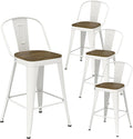 Metal Bar Stools Set of 4, High Back Bar Stools with Wooden Seat, 26 inch White Barstools for Kitchen Island