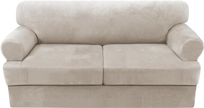 H.VERSAILTEX Sofa Cover 3 Piece T Cushion Sofa Slipcovers Thick Velvet Couch Cover Stretch T Cushion Sofa Covers for 2 Cushion Couch with 2 Individual T Cushion Covers Washable, Oatmeal