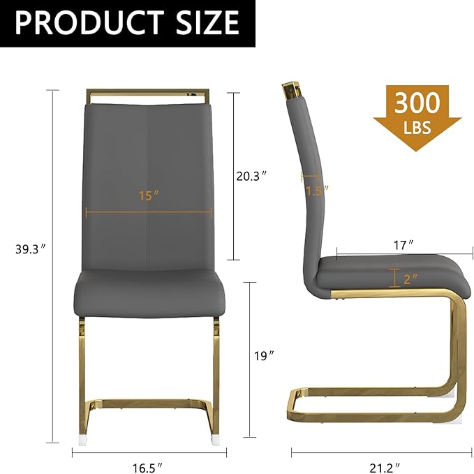 Modern Dining Chairs Set of 4,High Back Grey Kitchen Chairs,Faux Leather Side Chair with Gold Plated Metal Legs,Easy to Clean Upholstered Dining Chairs,Ideal for Living Room(Gold Leg)