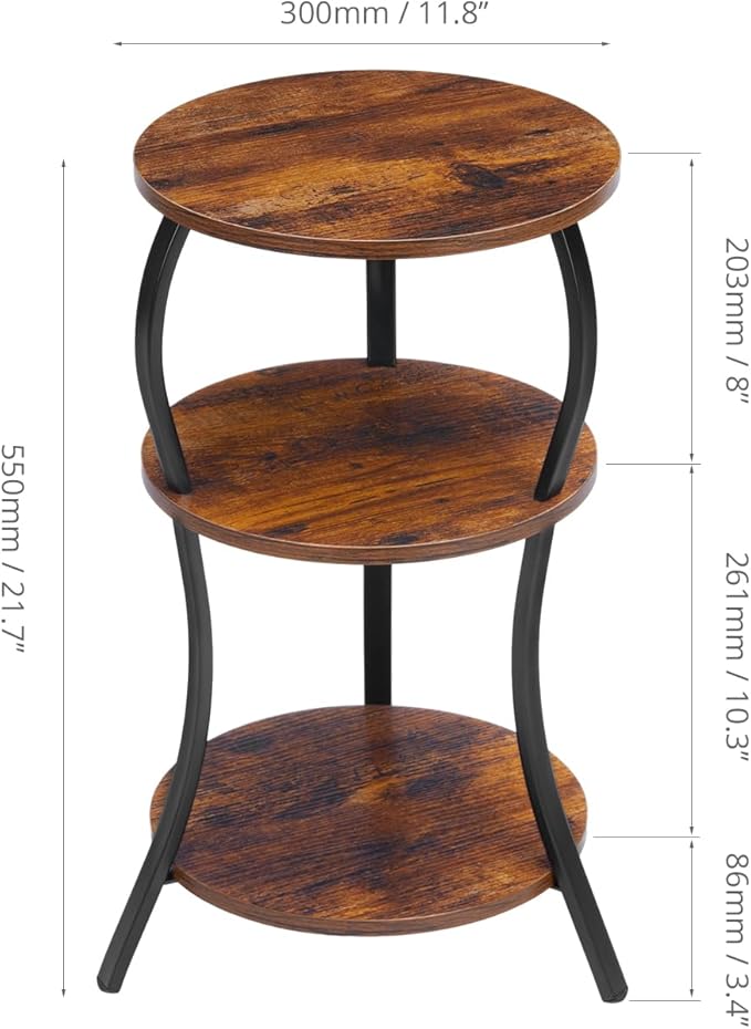 Vintage Small Round Side Table, 3-Tier Slim Waist Circular End Table with Storage Shelf, Compact Tea Sofa Table, Round Corner Coffee Table Nightstand for Living Room Bedroom Small Spaces,Rustic Brown