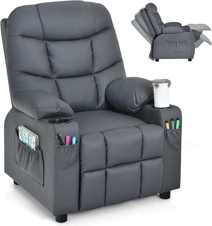 Costzon Kids Recliner Chair with Cup Holder, Adjustable Lounge Chair w/Footrest & Side Pockets for Children Boys Girls Room, Ergonomic Toddler Furniture Sofa, Kids Recliner (Grey)