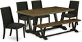 East West Furniture V677FL624-6 6 Piece Dining Room Set Contains a Rectangle Dining Table with V-Legs and 4 Black Linen Fabric Parson Chairs with a Bench, 40x72 Inch, Multi-Color