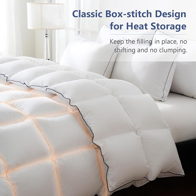 DOWNCOOL Feather Comforter Oversized King Size, Ultra Soft Fluffy Duvet Insert with 100% Cotton Cover, All Season Luxurious Hotel Bedding Comforters with Corner Tabs, White 116"x98"