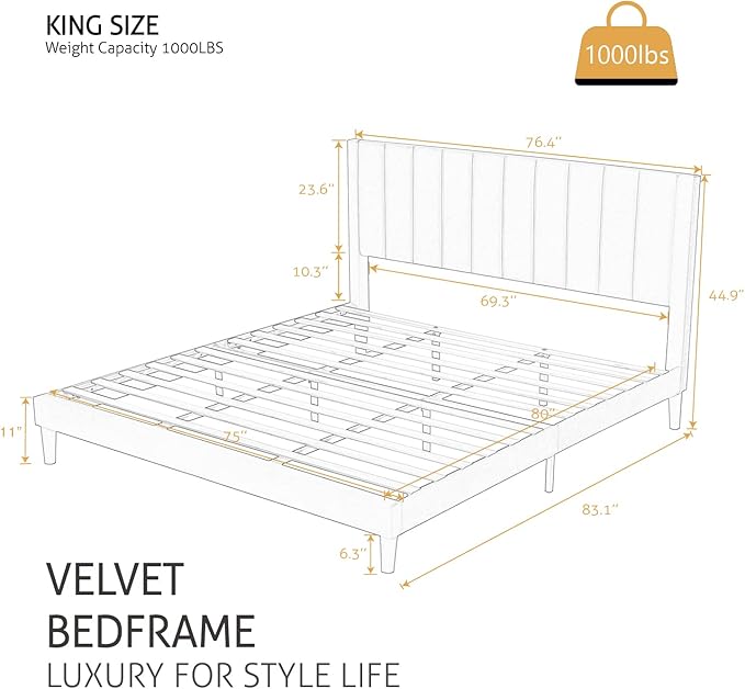 SHA CERLIN King Bed Frame/Velvet Upholstered Platform Bed Frame with Headboard/Strong Wood Slats Support/Mattress Foundation/No Box Spring Needed - Black