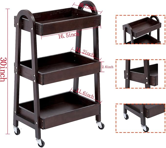 3 Tier Rolling Craft Cart Slim Rolling Storage Cart Wooden Cart on Wheels Bathroom Organizer Rolling Utility Cart Mobile Shelving Unit for Kitchen Bathroom Laundry Narrow Places (Black)