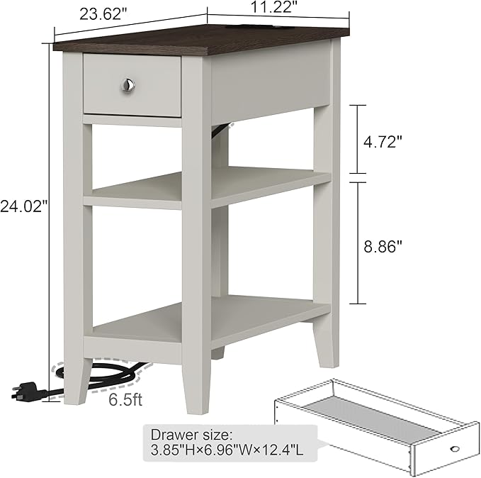 ChooChoo Farmhouse End Table with Charging Station, Narrow Side Table Living Room with USB Ports & Power Outlets and Hidden Drawer,White and Brown