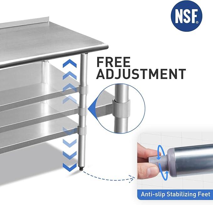 ROCKPOINT Stainless Steel Table for Prep & Work with Backsplash 24x48 Inches, NSF Metal Commercial Kitchen Heavy Duty Table with Adjustable Under Shelf and Table Foot for Restaurant, Home and Hotel