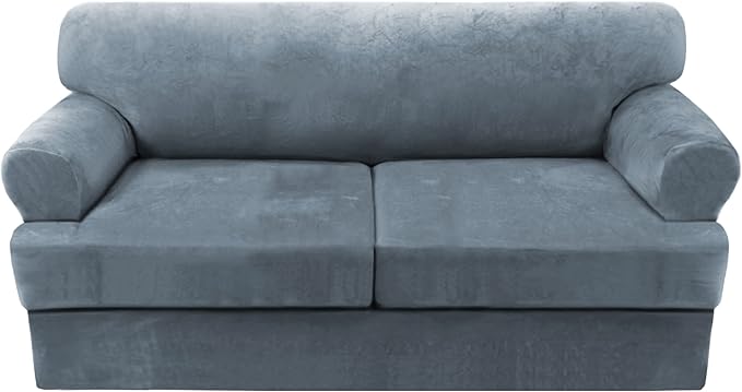 H.VERSAILTEX Sofa Cover 3 Piece Sofa Slipcovers Thick Velvet Couch Cover Furniture Protector Stretch Sofa Covers for 2 Cushion Couch with 2 Individual T Cushion Covers Washable, Stone Blue