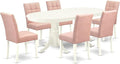 East West Furniture VAAS7-LWH-42 7 Piece Dining Table Set consists A Wooden Table and 6 Beige Red Polyester Fabric Parson Chairs with Stylish Back- Linen White Finish